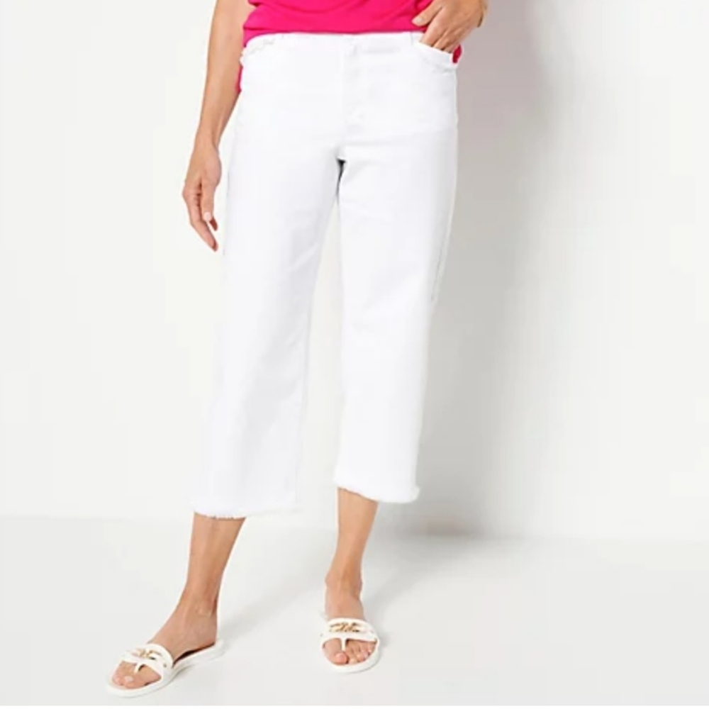 Susan Graver Regualr Stretch Denim Wide-Leg Crop Jeans w/ Fray- White - Picture 2 of 9